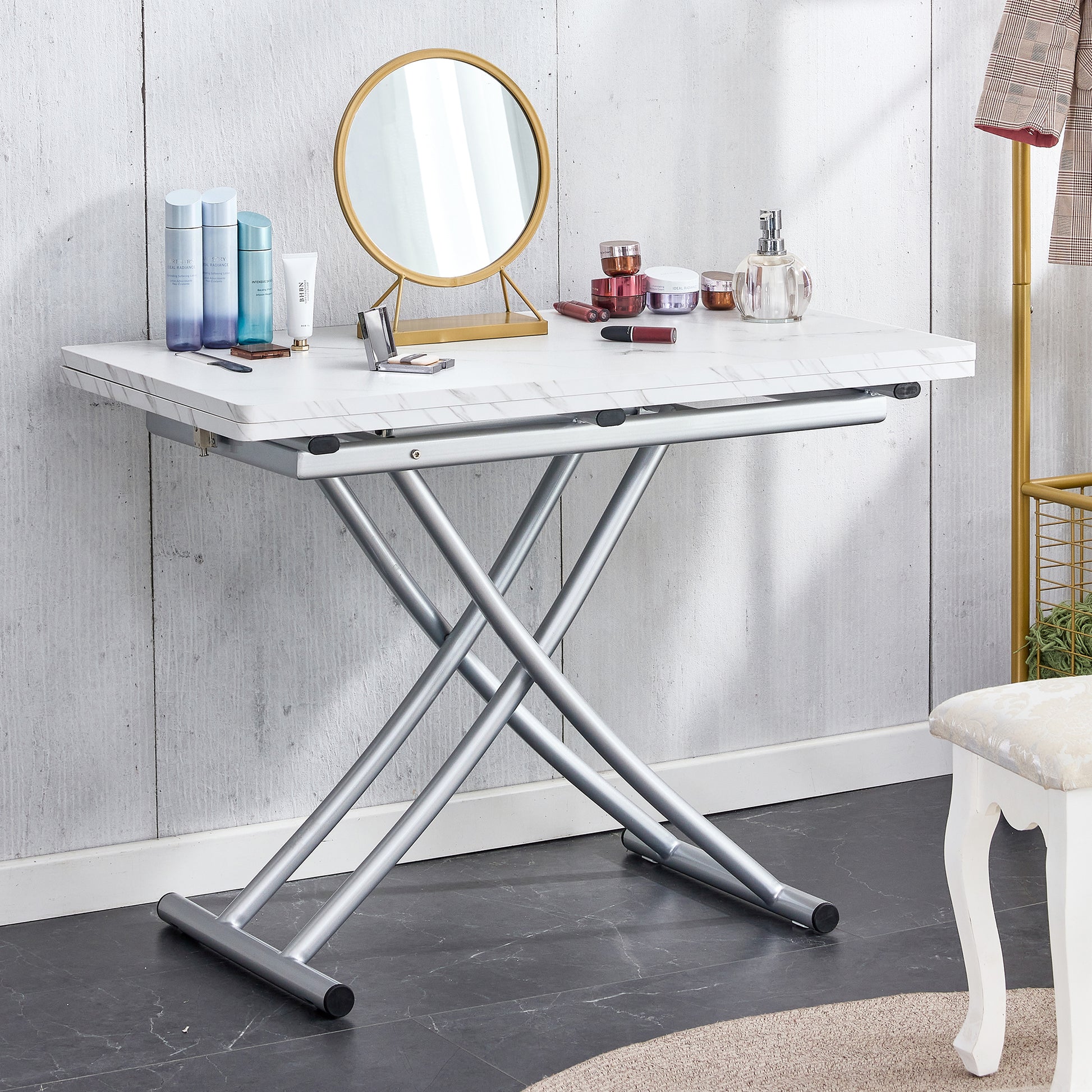 Modern Minimalist Multifunctional Lift Table With 0.8 Inch Mdf Desktop And Silver Metal Legs, Can Be Used As A Dressing Table, Coffee Table, Dining Table, And Office Table White Metal