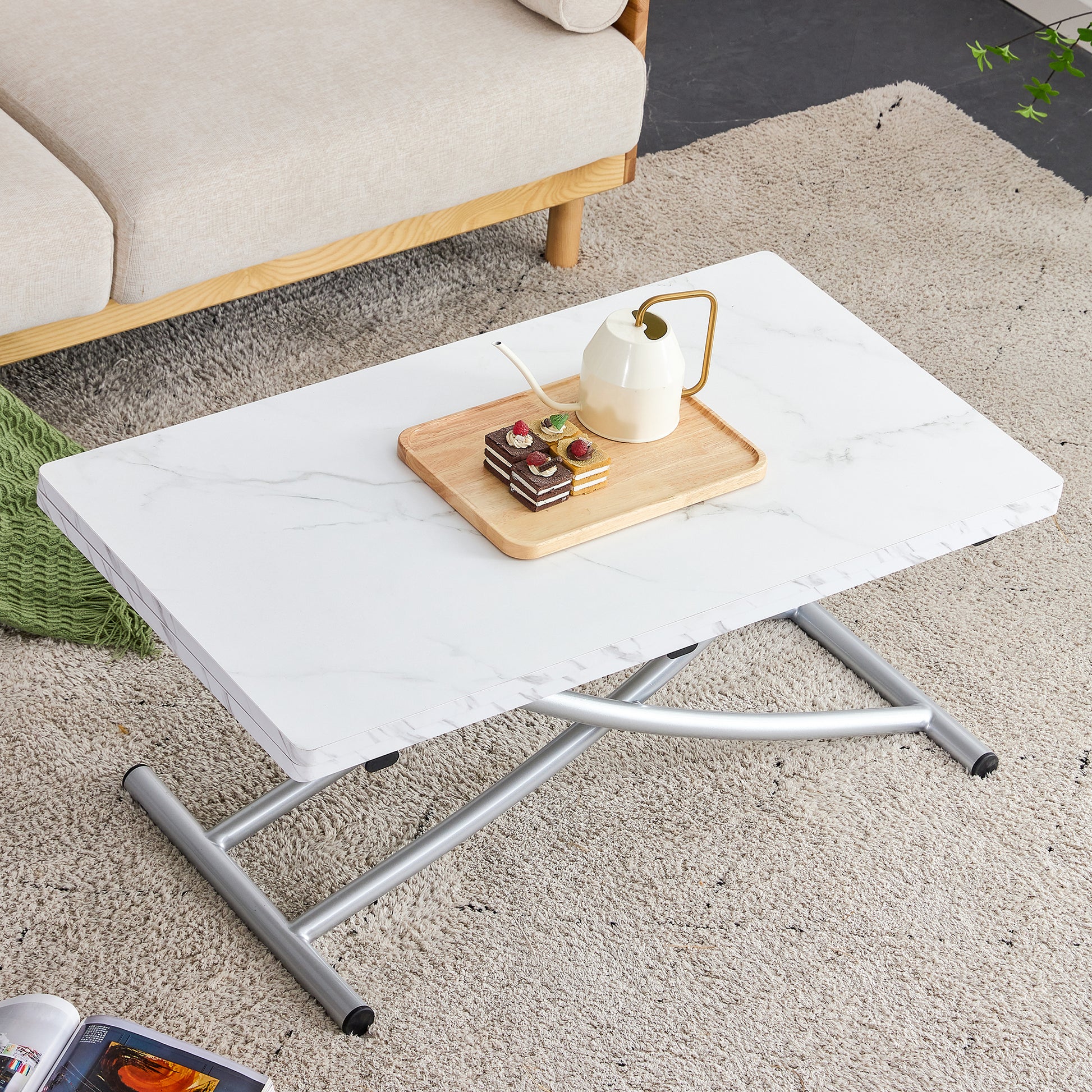 Modern Minimalist Multifunctional Lift Table With 0.8 Inch Mdf Desktop And Silver Metal Legs, Can Be Used As A Dressing Table, Coffee Table, Dining Table, And Office Table White Metal