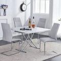 Modern Minimalist Multifunctional Lifting Platform, 0.8 Inch White Patterned Sticker Desktop, Silver Metal Legs. Paired With 4 Faux Leather Cushioned Dining Chairs With Silver Metal Legs. Ltc 001 White Metal