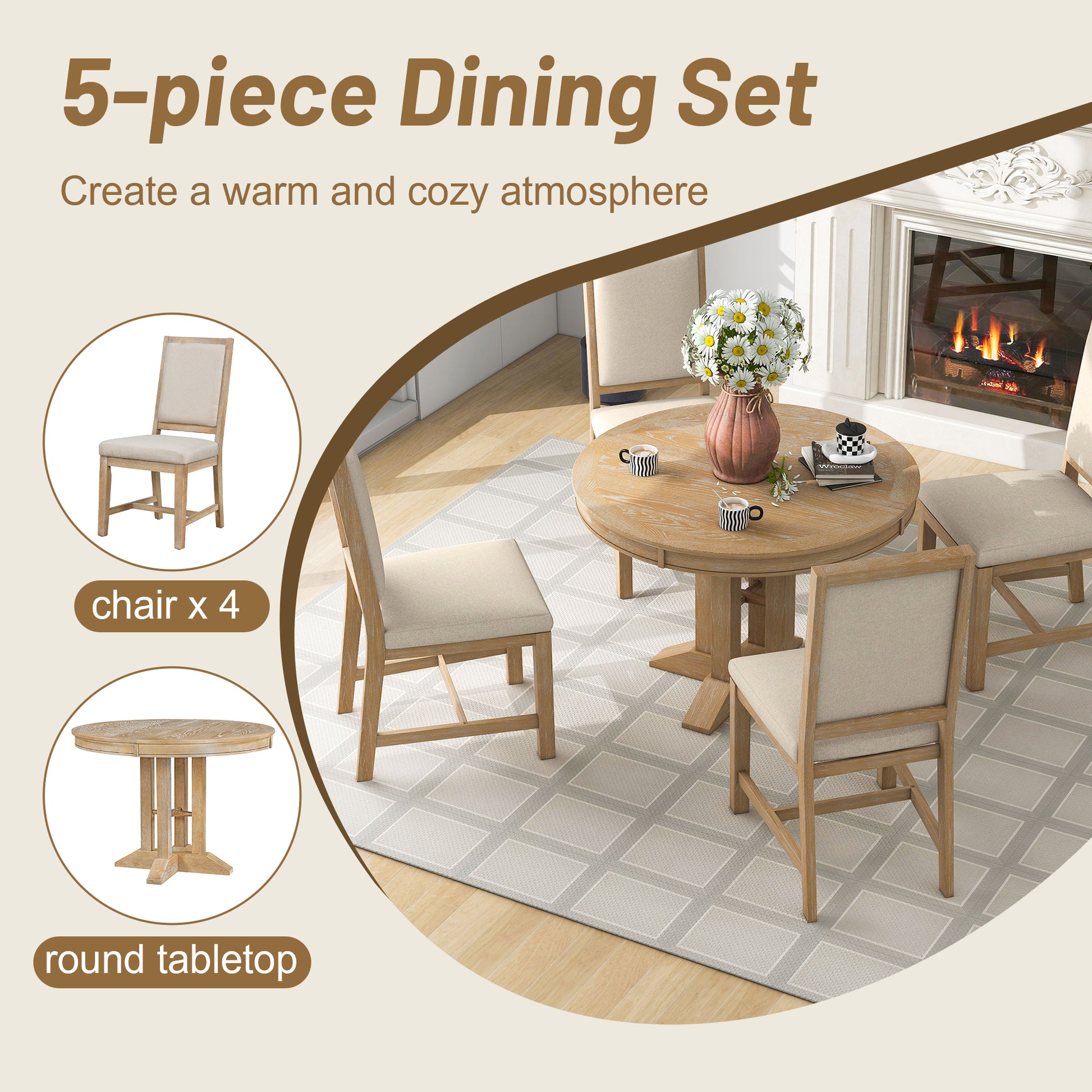 5 Piece Dining Set Extendable Round Table And 4 Upholstered Chairs Farmhouse Dining Set For Kitchen, Dining Room Natural Wood Wash Natural Wood Wash Solid Wood Mdf