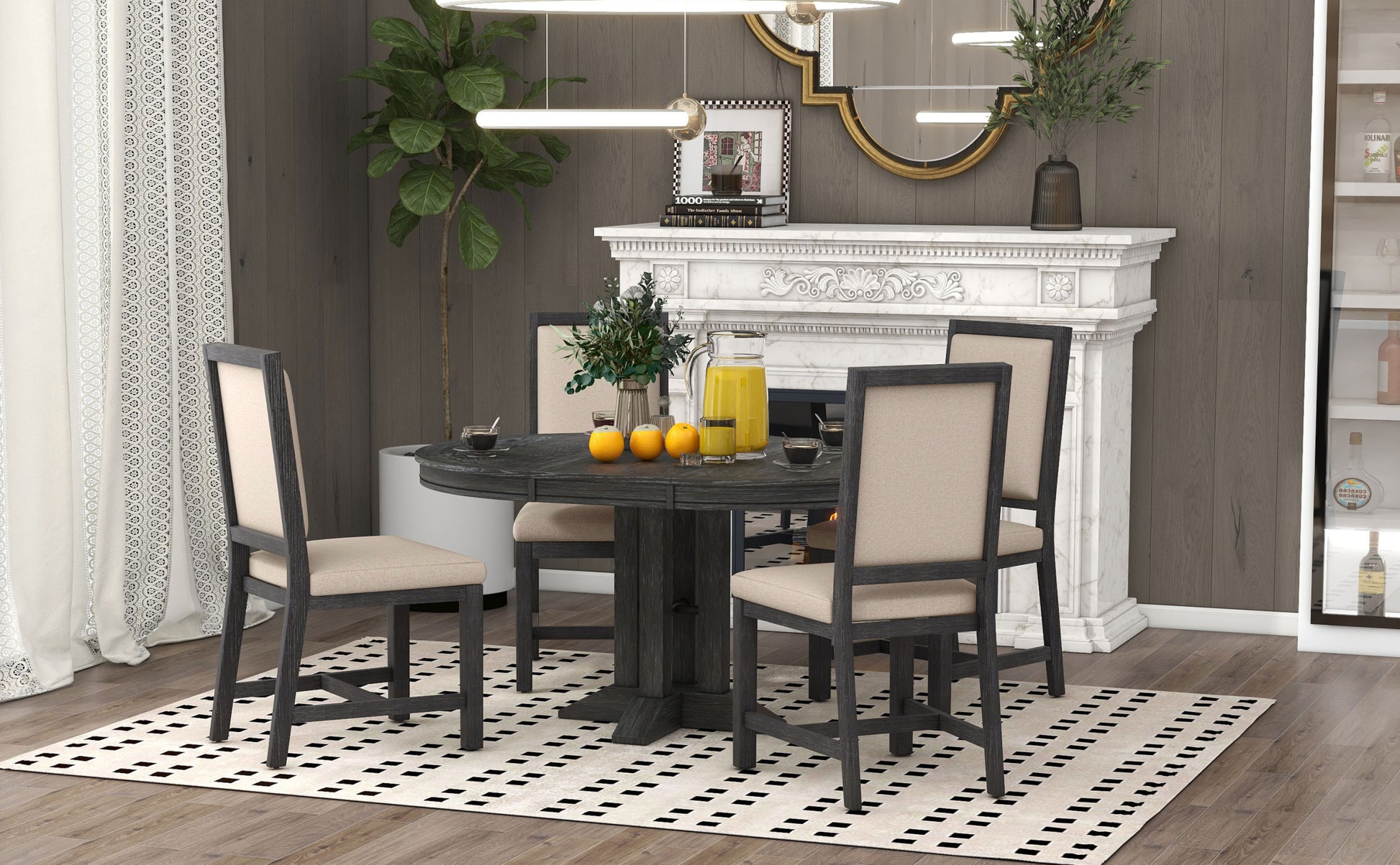 5 Piece Dining Set Extendable Round Table And 4 Upholstered Chairs Farmhouse Dining Set For Kitchen, Dining Room Black Black Solid Wood Mdf