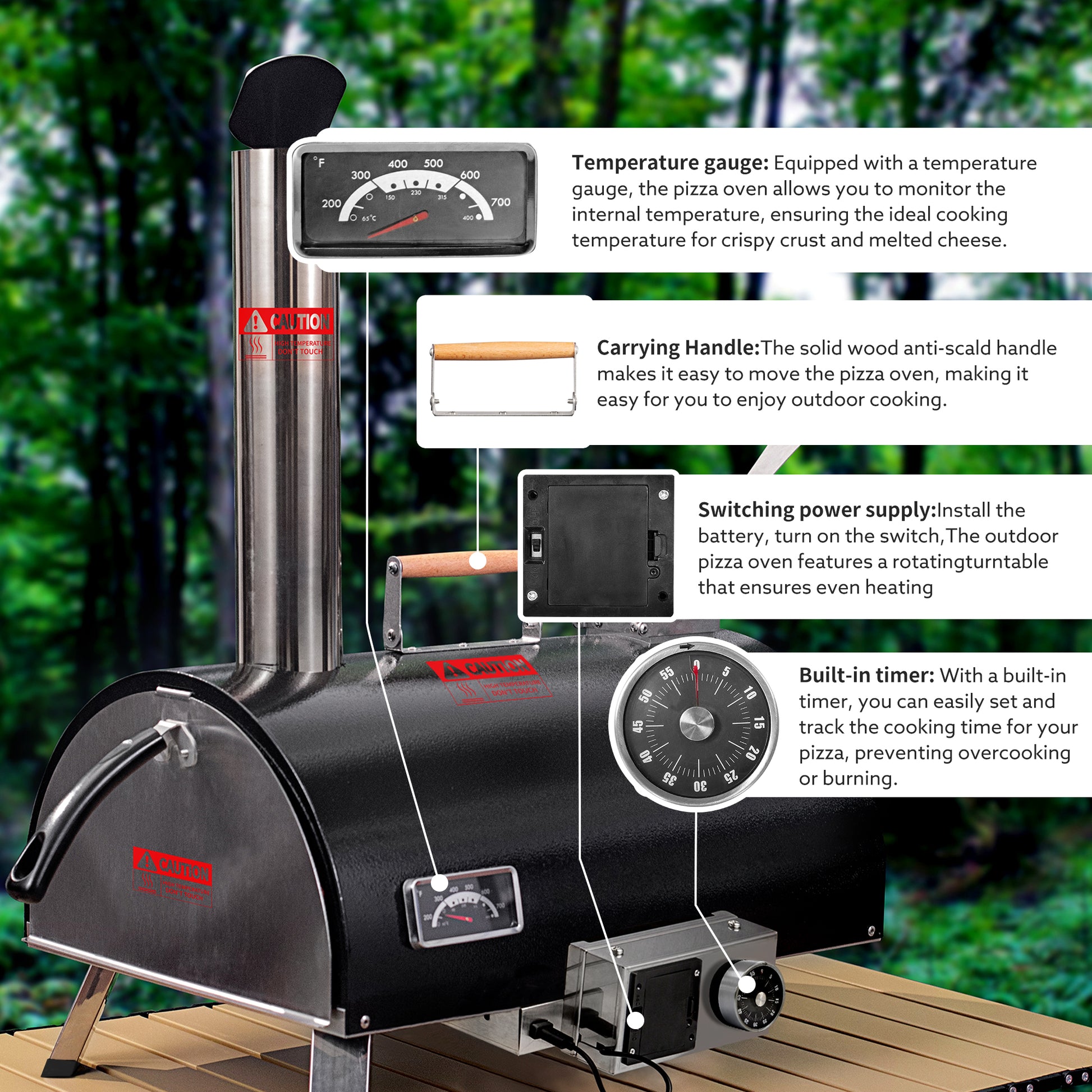 Black Pizza Oven Outdoor 12" Automatic Rotatable Pizza Ovens Portable Stainless Steel Wood Fired Pizza Oven Pizza Maker With Built In Thermometer Pizza Cutter Carry Bag Black Garden & Outdoor American Design Stainless Steel Stainless Steel