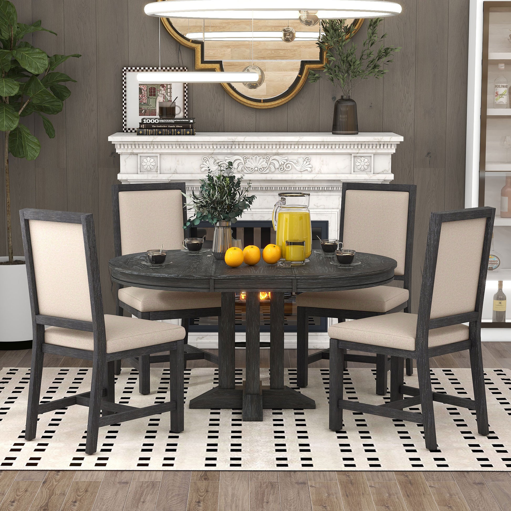 5 Piece Dining Set Extendable Round Table And 4 Upholstered Chairs Farmhouse Dining Set For Kitchen, Dining Room Black Black Solid Wood Mdf