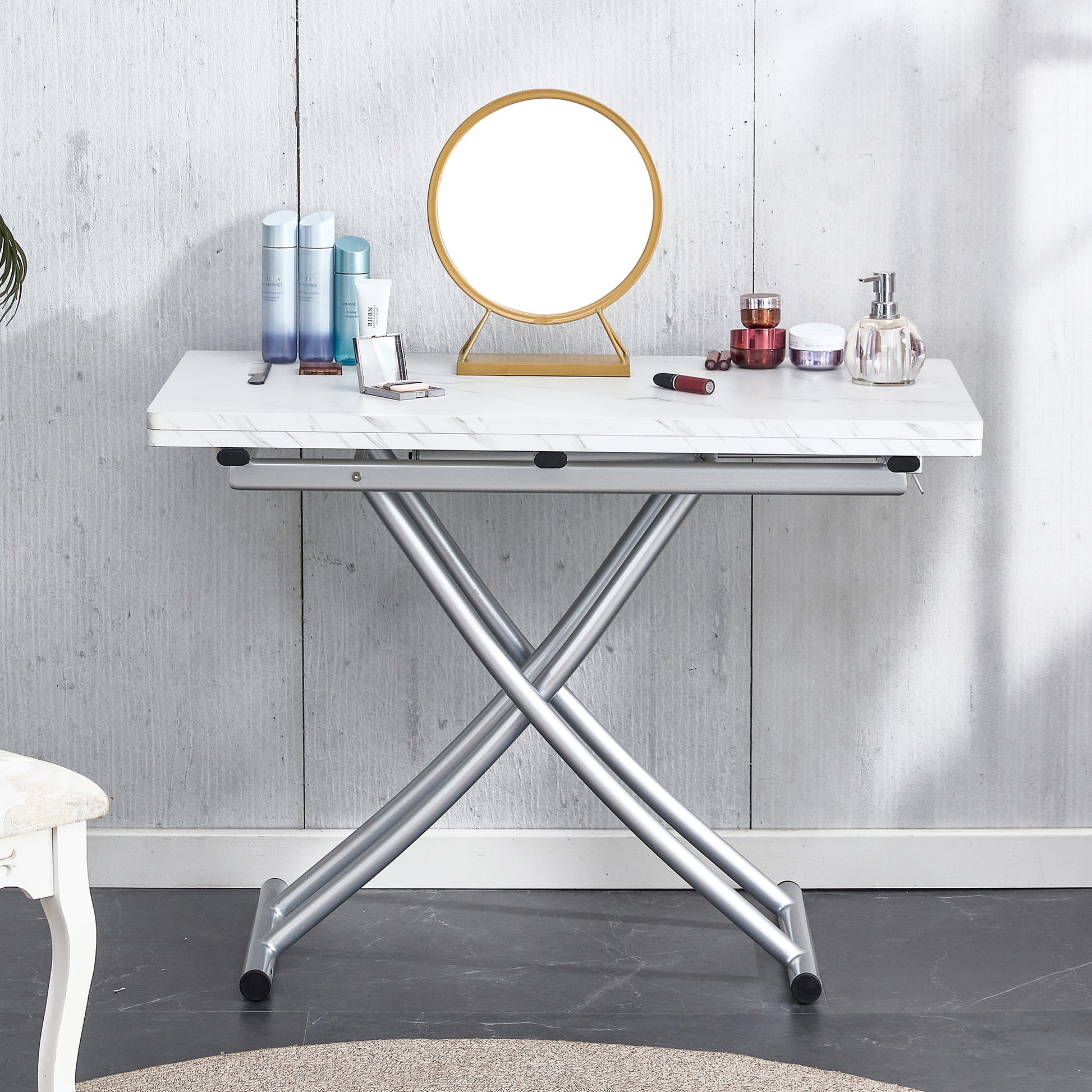 Modern Minimalist Multifunctional Lift Table With 0.8 Inch Mdf Desktop And Silver Metal Legs, Can Be Used As A Dressing Table, Coffee Table, Dining Table, And Office Table White Metal