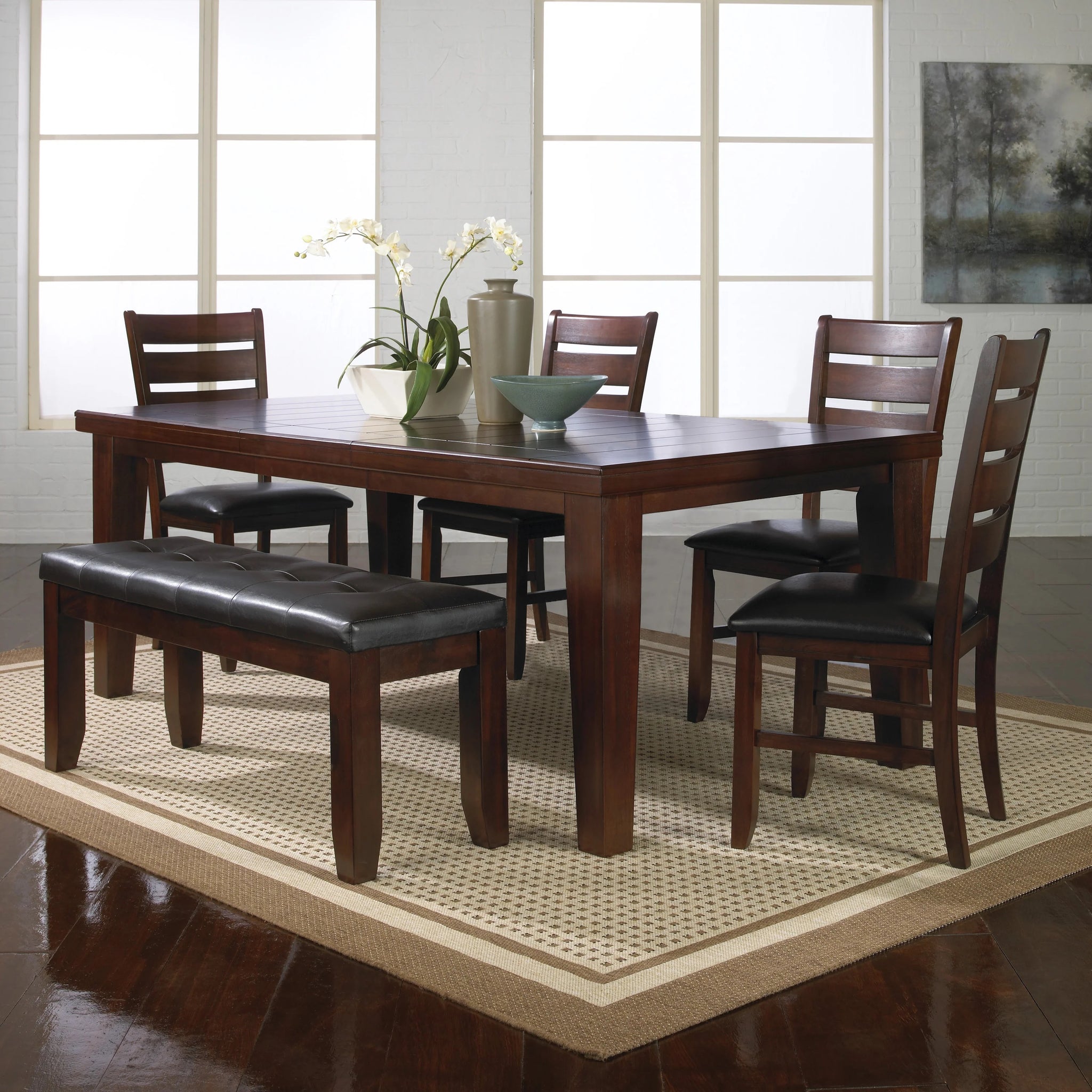 Contemporary 6Pc Dining Set 18" Extendable Leaf Table Leather Look Polyurethane Pu Fabric Upholstered Chair Bench Seats Brown Finish Wooden Solid Wood Dining Room Furniture Wood Wood Brown Ladder Back Seats 6 Wood Dining Room Extendable Contemporary 4