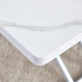 Modern Minimalist Multifunctional Lifting Platform, 0.8 Inch White Patterned Sticker Desktop, Silver Metal Legs. Paired With 4 Faux Leather Cushioned Dining Chairs With Silver Metal Legs. Ltc 001 White Metal