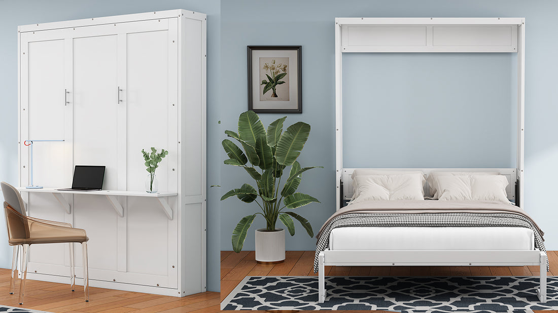 Queen Size Murphy Bed With 2 Side Cabinet Storage Shelves, 68 Inch Cabinet Bed Folding Wall Bed With Desk Combo Perfect For Guest Room, Study, Office,White Old Sku:Bs400491Aac Box Spring Not Required Queen White Wood White Pine Murphy Solid Wood Mdf