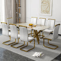 A Modern Minimalist Rectangular Dining Table With A 0.39 Inch Imitation Marble Patterned Glass Tabletop And Gold Plated Metal Legs,For Kitchen Dining Living Meeting Room Banquet Hall,1538 White Glass