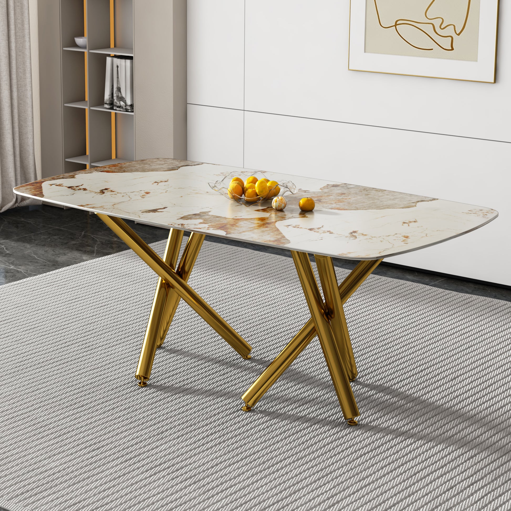 A Modern Minimalist Rectangular Dining Table With A 0.39 Inch Imitation Marble Patterned Glass Tabletop And Gold Plated Metal Legs,For Kitchen Dining Living Meeting Room Banquet Hall,1538 White Glass