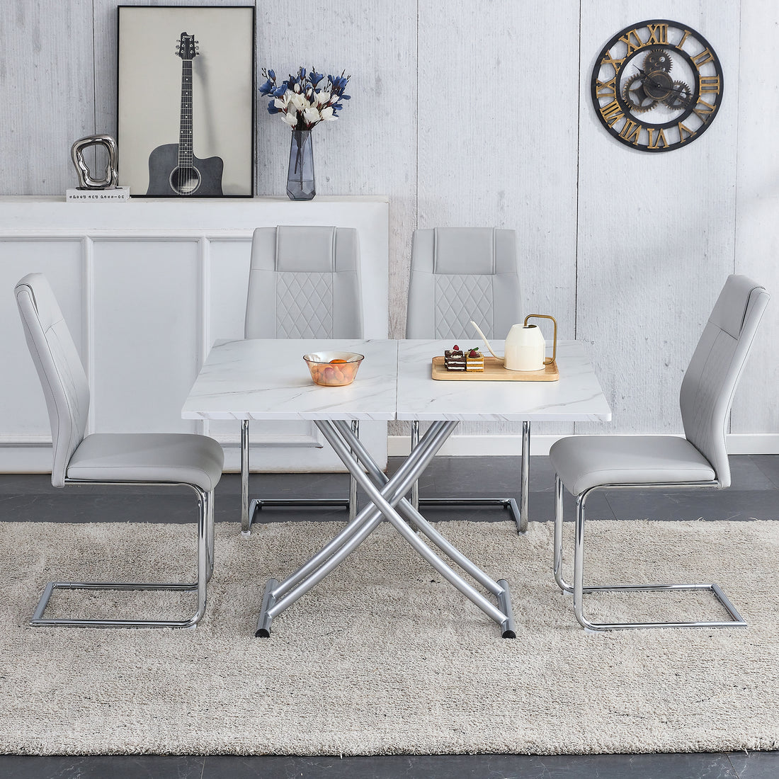 Modern Minimalist Multifunctional Lifting Platform, 0.8 Inch White Patterned Sticker Desktop, Silver Metal Legs. Paired With 4 Faux Leather Cushioned Dining Chairs With Silver Metal Legs. Ltc 001 White Metal