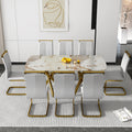 A Modern Minimalist Rectangular Dining Table With A 0.39 Inch Imitation Marble Patterned Glass Tabletop And Gold Plated Metal Legs,For Kitchen Dining Living Meeting Room Banquet Hall,1538 White Glass