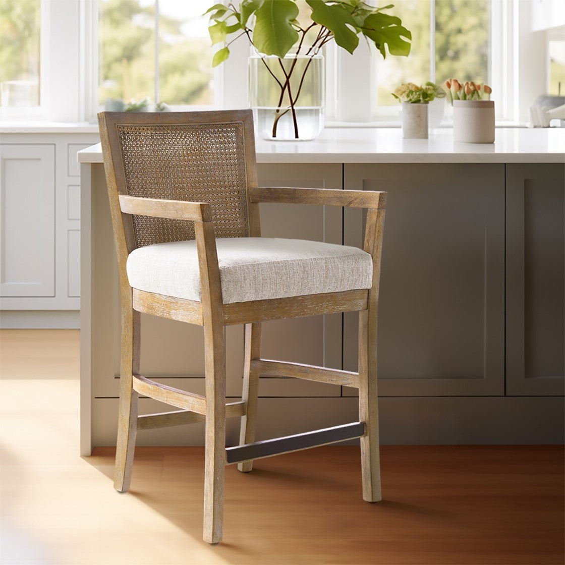 Cane Back Counter Stool Cream Reclaimed Natural Polyester