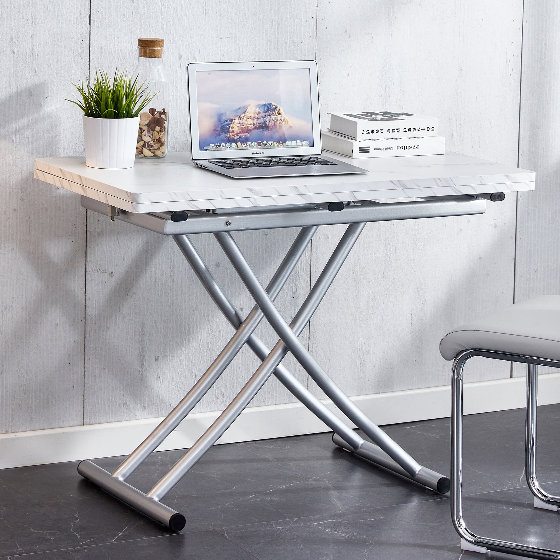 Modern Minimalist Multifunctional Lift Table With 0.8 Inch Mdf Desktop And Silver Metal Legs, Can Be Used As A Dressing Table, Coffee Table, Dining Table, And Office Table White Metal