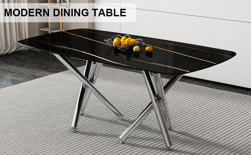 Large Modern Minimalist Rectangular Dining Table With 0.39 "Imitation Marble Black Tabletop And Silver Metal Legs, Suitable For Kitchens, Living Rooms, Conference Rooms, And Banquet Halls 1538 Black Glass