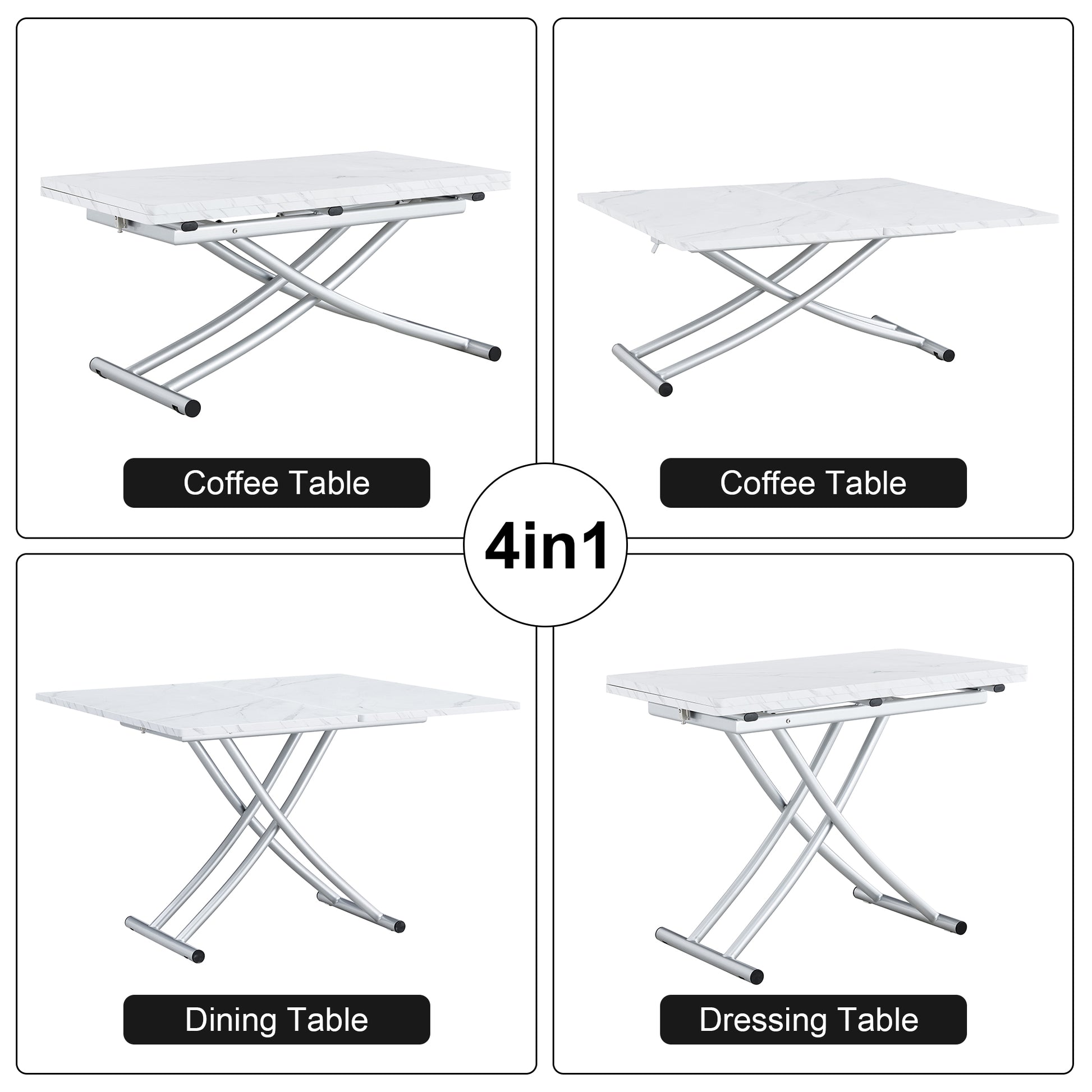 Modern Minimalist Multifunctional Lift Table With 0.8 Inch Mdf Desktop And Silver Metal Legs, Can Be Used As A Dressing Table, Coffee Table, Dining Table, And Office Table White Metal