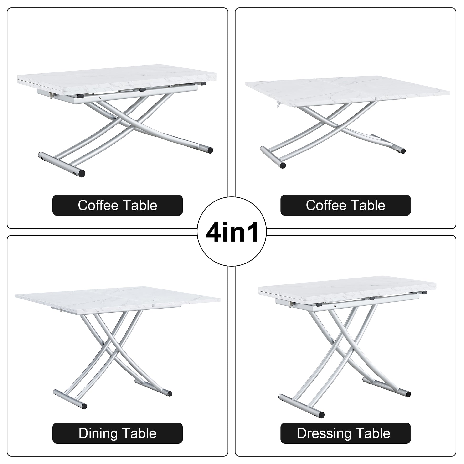 Modern Minimalist Multifunctional Lifting Platform, 0.8 Inch White Patterned Sticker Desktop, Silver Metal Legs. Paired With 4 Faux Leather Cushioned Dining Chairs With Silver Metal Legs. Ltc 001 White Metal