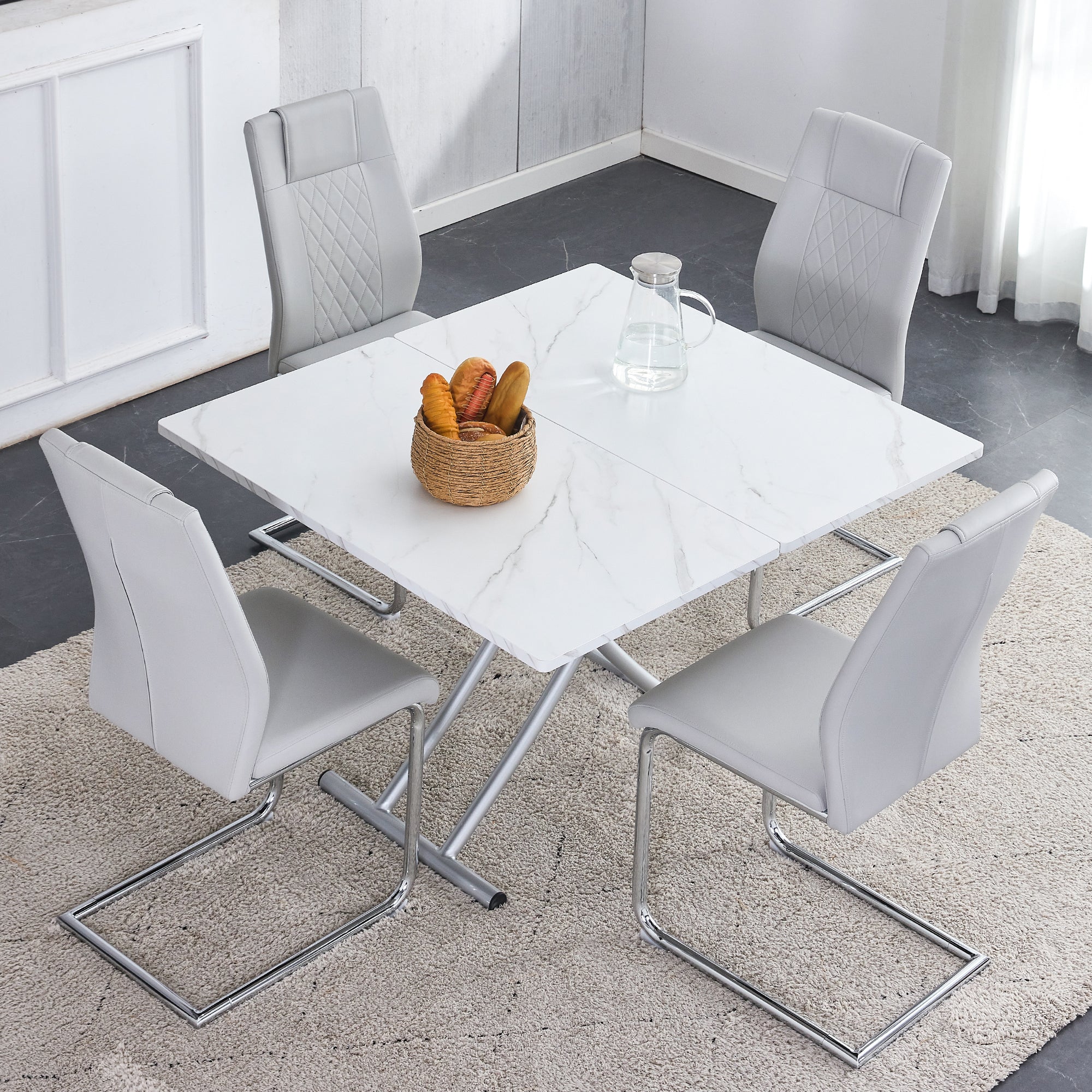 Modern Minimalist Multifunctional Lifting Platform, 0.8 Inch White Patterned Sticker Desktop, Silver Metal Legs. Paired With 4 Faux Leather Cushioned Dining Chairs With Silver Metal Legs. Ltc 001 White Metal