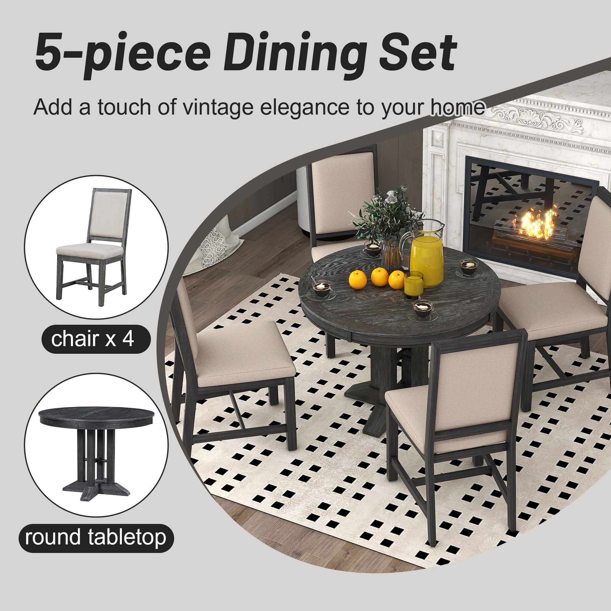 5 Piece Dining Set Extendable Round Table And 4 Upholstered Chairs Farmhouse Dining Set For Kitchen, Dining Room Black Black Solid Wood Mdf