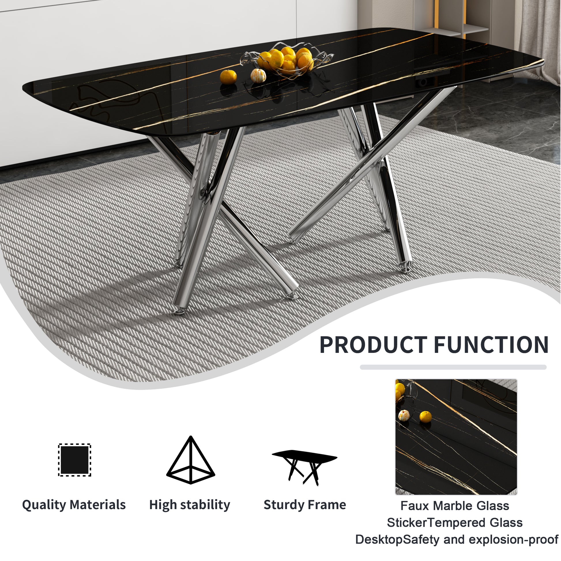 Large Modern Minimalist Rectangular Dining Table With 0.39 "Imitation Marble Black Tabletop And Silver Metal Legs, Suitable For Kitchens, Living Rooms, Conference Rooms, And Banquet Halls 1538 Black Glass