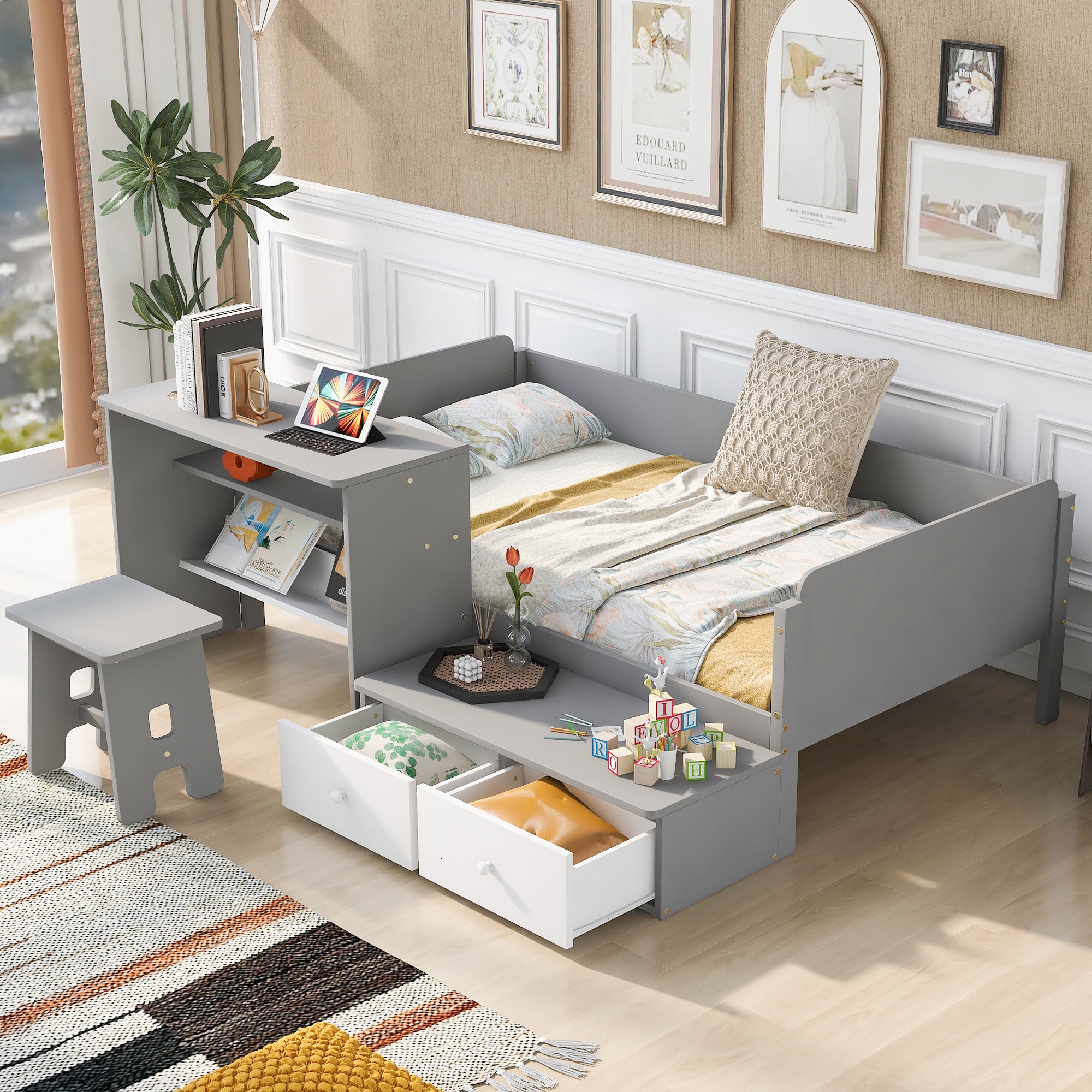 Wood Twin Size Platform Bed With 2 Drawers And 1 Chair&Desk Set, Gray White Box Spring Not Required Twin White Gray Wood Bedroom Solid Wood Mdf