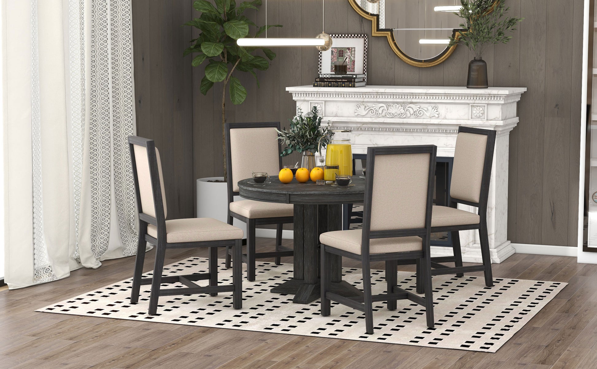 5 Piece Dining Set Extendable Round Table And 4 Upholstered Chairs Farmhouse Dining Set For Kitchen, Dining Room Black Black Solid Wood Mdf