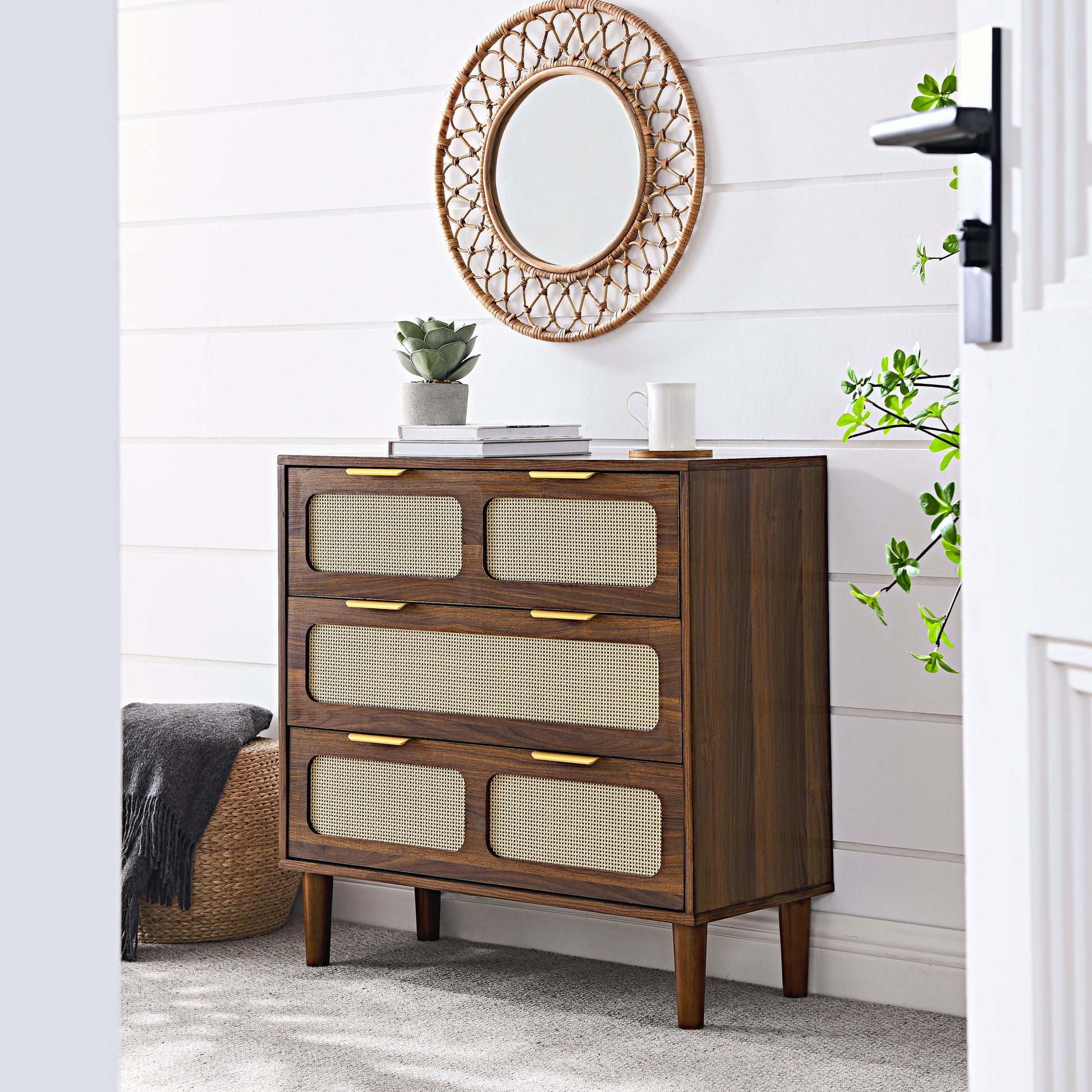 3 Drawer Dresser, Modern Rattan Dresser Cabinet With Wide Drawers And 3 Drawer Dresser, Modern Rattan Dresser Cabinet With Wide Drawers And