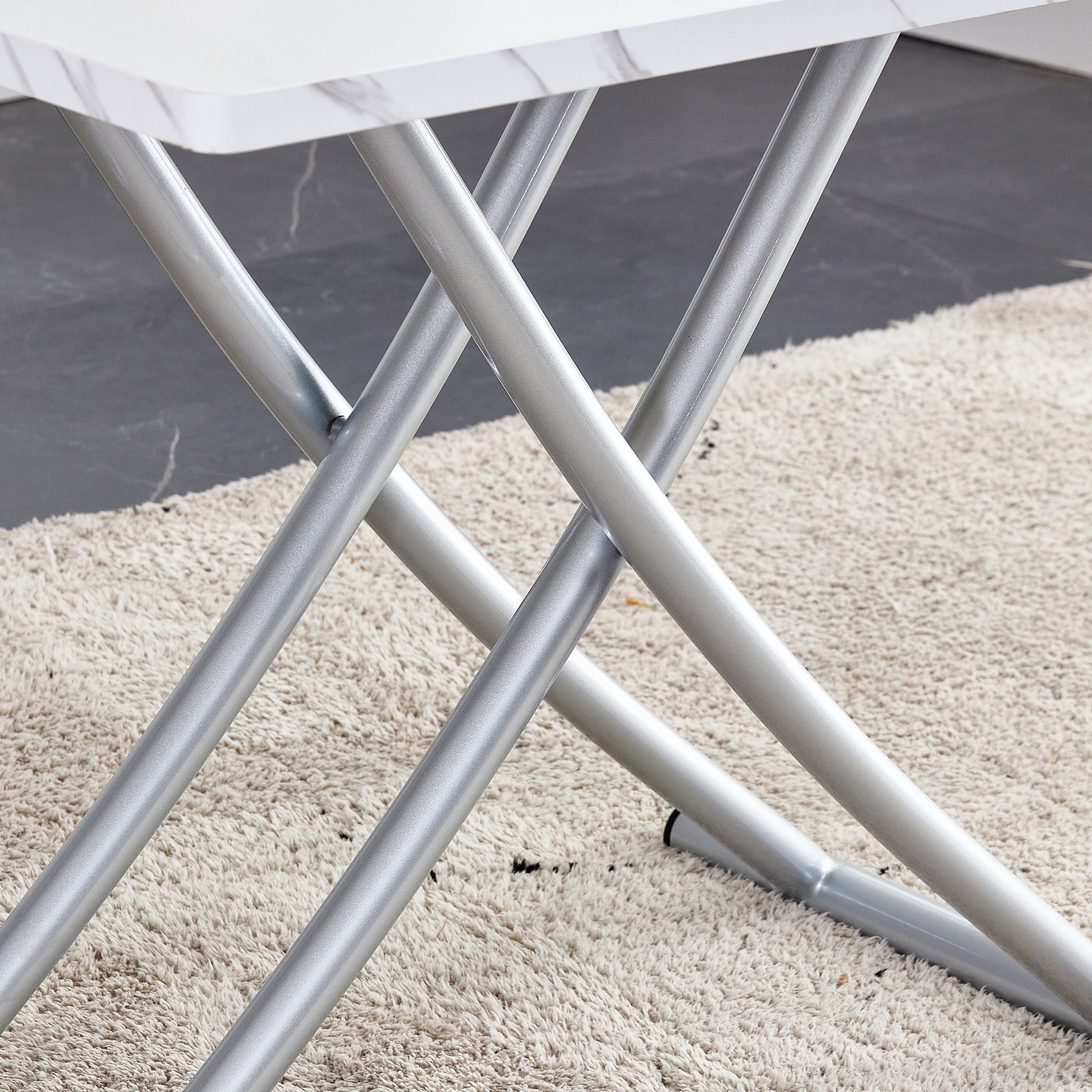 Modern Minimalist Multifunctional Lifting Platform, 0.8 Inch White Patterned Sticker Desktop, Silver Metal Legs. Paired With 4 Faux Leather Cushioned Dining Chairs With Silver Metal Legs. Ltc 001 White Metal