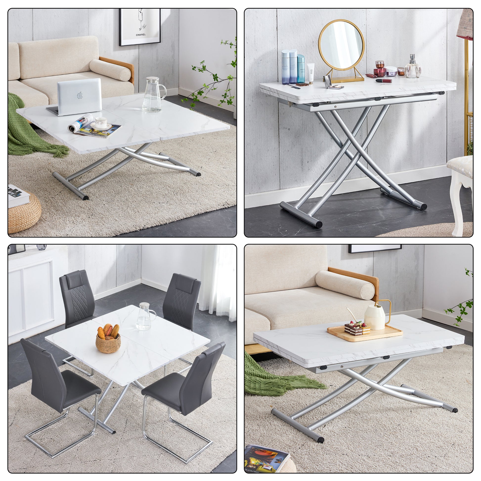 Modern Minimalist Multifunctional Lift Table With 0.8 Inch Mdf Desktop And Silver Metal Legs, Can Be Used As A Dressing Table, Coffee Table, Dining Table, And Office Table White Metal