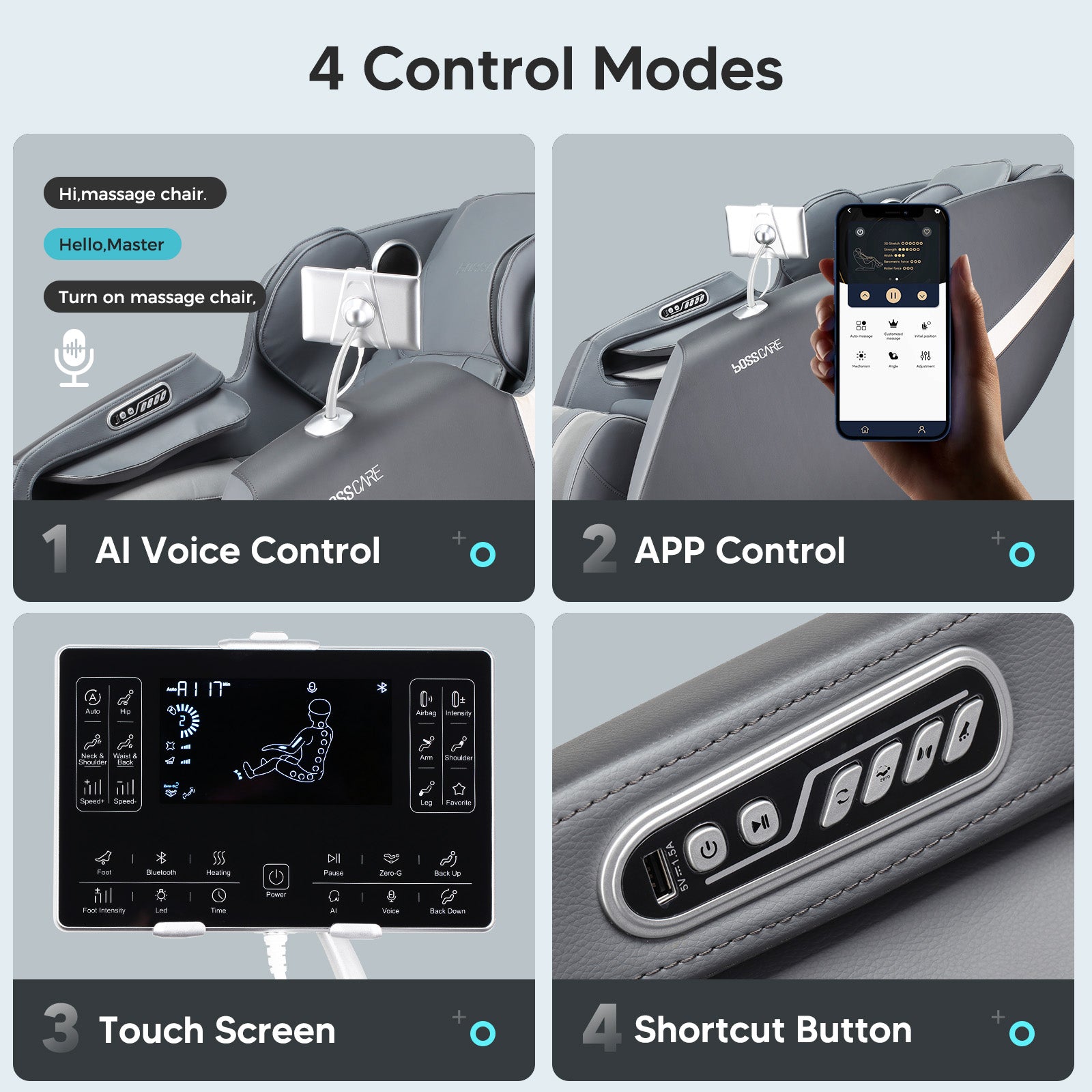 Bosscare 2023 Massage Chairs With Ai Voice Control Shiatsu Recliner Gray Gray Leather Leather