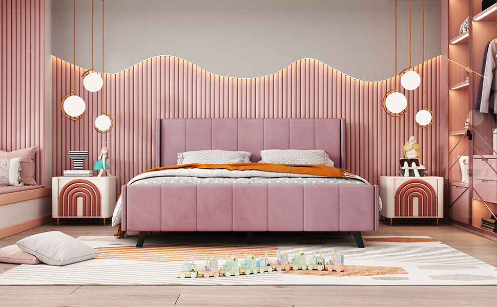 Queen Size Upholstered Platform Bed, Velvet, Pink Pink Upholstered