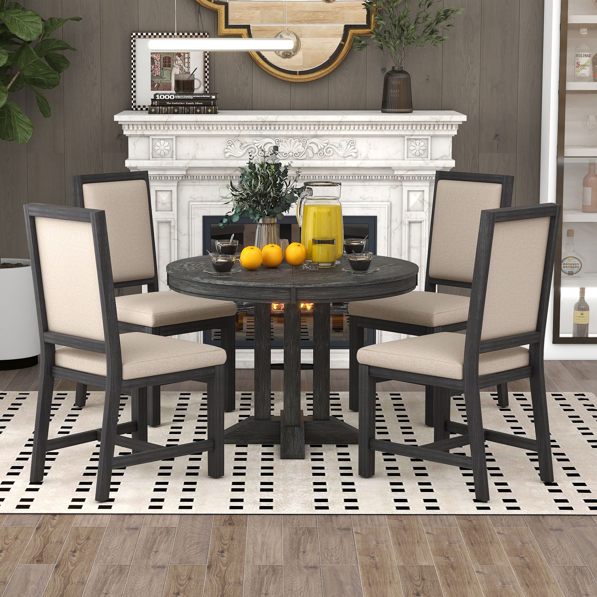 5 Piece Dining Set Extendable Round Table And 4 Upholstered Chairs Farmhouse Dining Set For Kitchen, Dining Room Black Black Solid Wood Mdf