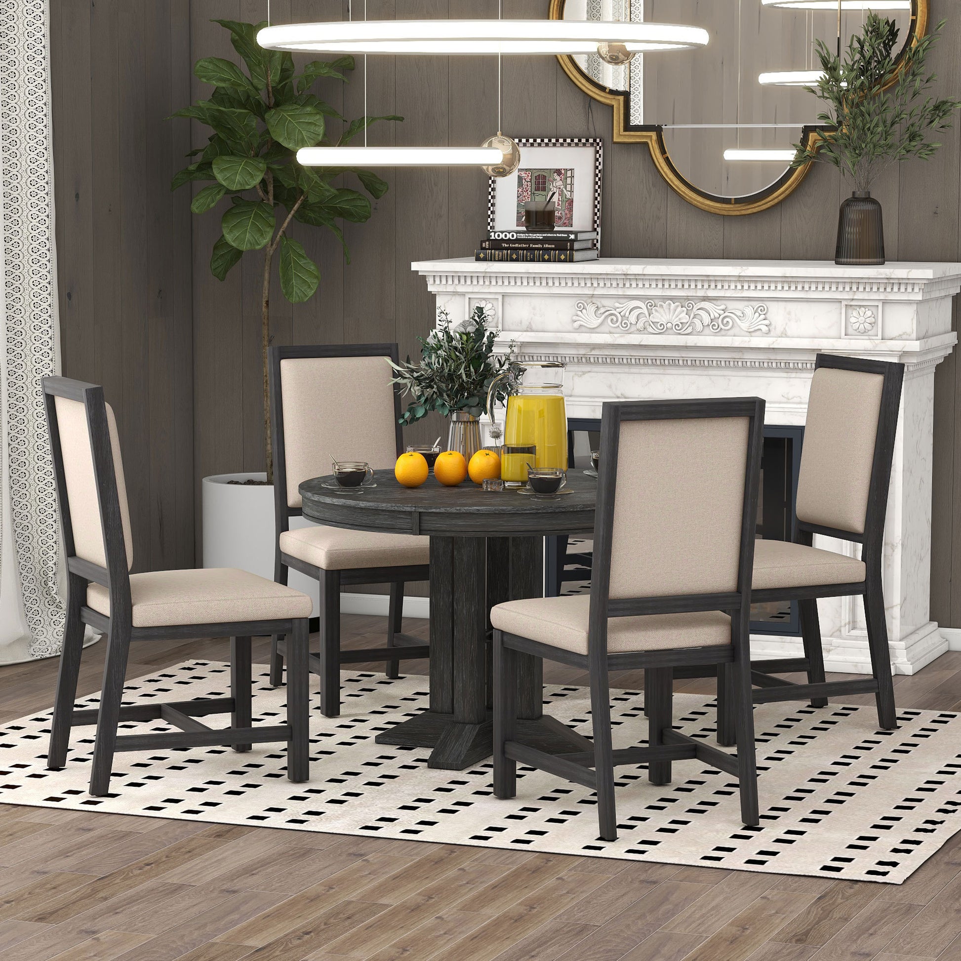 5 Piece Dining Set Extendable Round Table And 4 Upholstered Chairs Farmhouse Dining Set For Kitchen, Dining Room Black Black Solid Wood Mdf