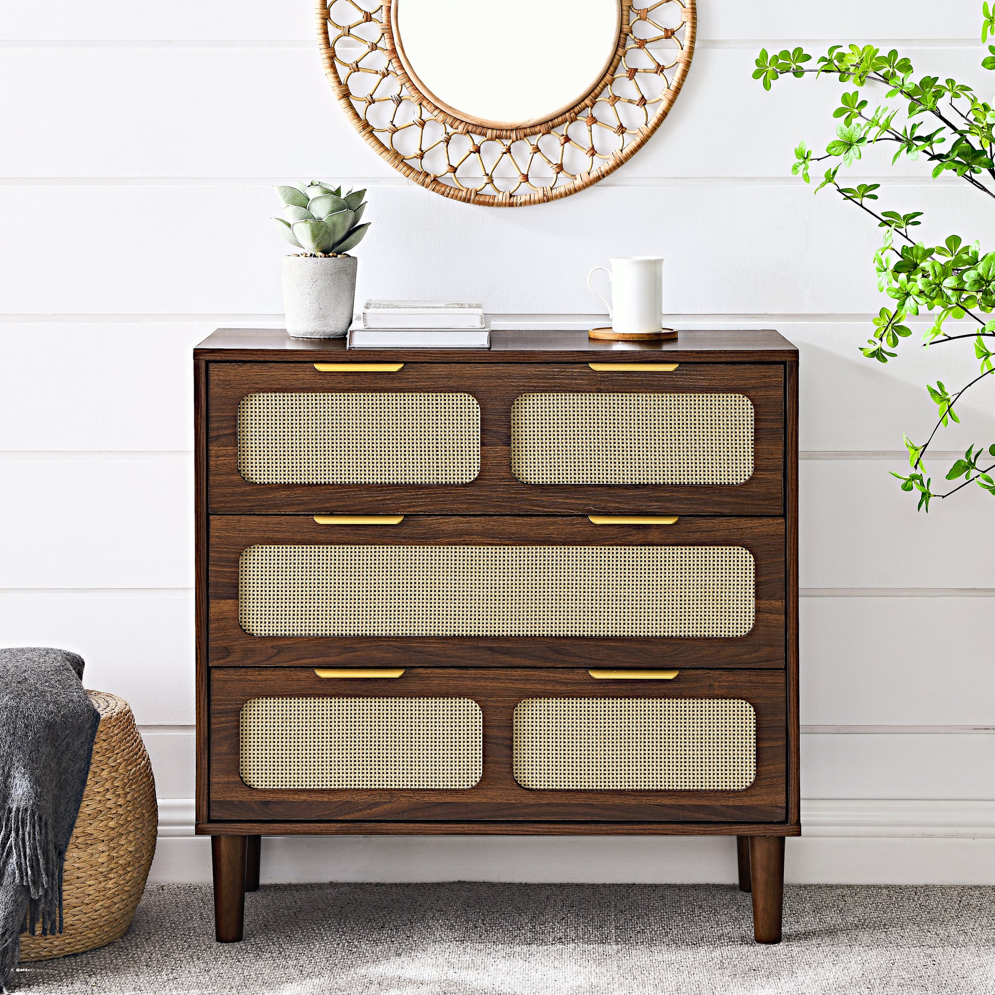 modern rattan dresser 42.99" Modern Rattan 5-Drawer Dresser with Metal Handles & Splayed Legs NEW