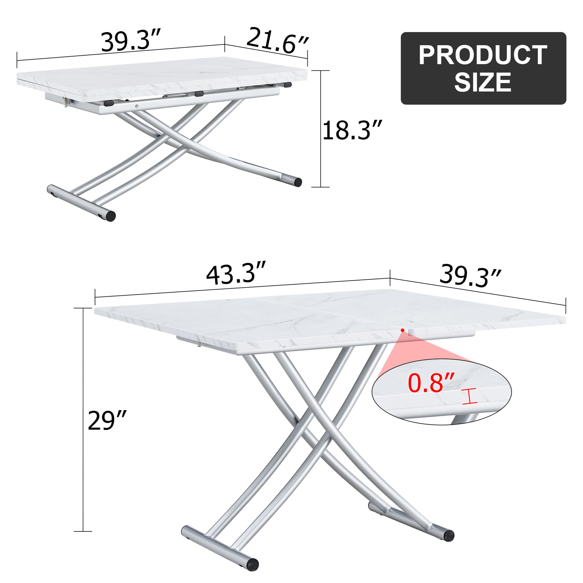 Modern Minimalist Multifunctional Lifting Platform, 0.8 Inch White Patterned Sticker Desktop, Silver Metal Legs. Paired With 4 Faux Leather Cushioned Dining Chairs With Silver Metal Legs. Ltc 001 White Metal