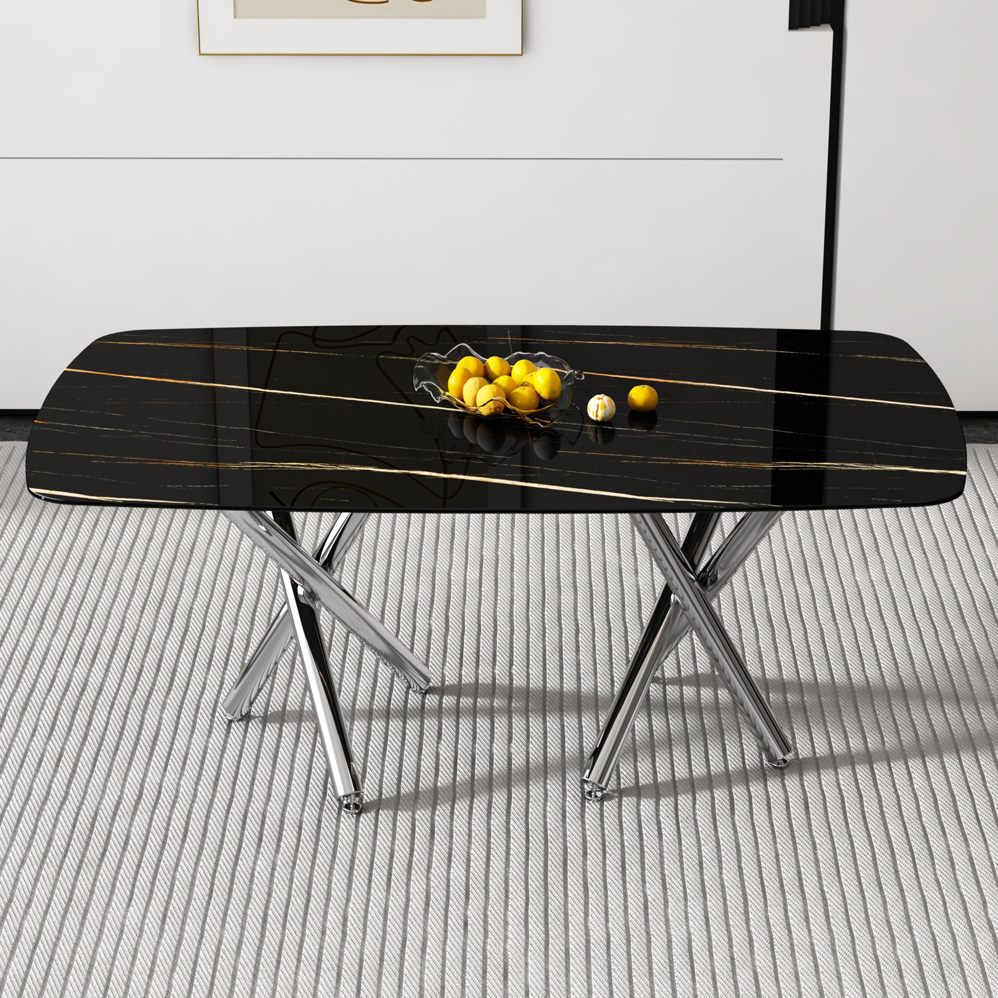 Large Modern Minimalist Rectangular Dining Table With 0.39 "Imitation Marble Black Tabletop And Silver Metal Legs, Suitable For Kitchens, Living Rooms, Conference Rooms, And Banquet Halls 1538 Black Glass