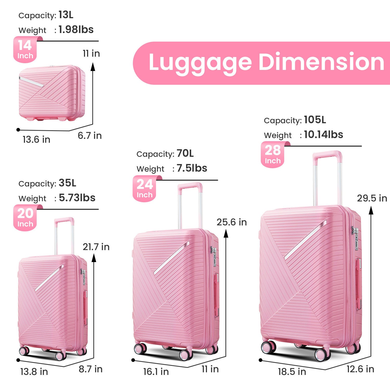 Luggage Sets 4 Piece 14 20 24 28 , Expandable Lightweight Suitcase With 4 Double 360 Degrees Mute Spinner Wheels Pp Materials Durable Tsa Lock Travel Luggage White Polypropylene