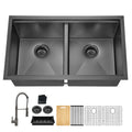 All In One 33X19Inch Undermount Gunmetal Black Double Bowl Kitchen Sink 18 Guage Stainless Steel With Faucet Gunmetal Black Stainless Steel