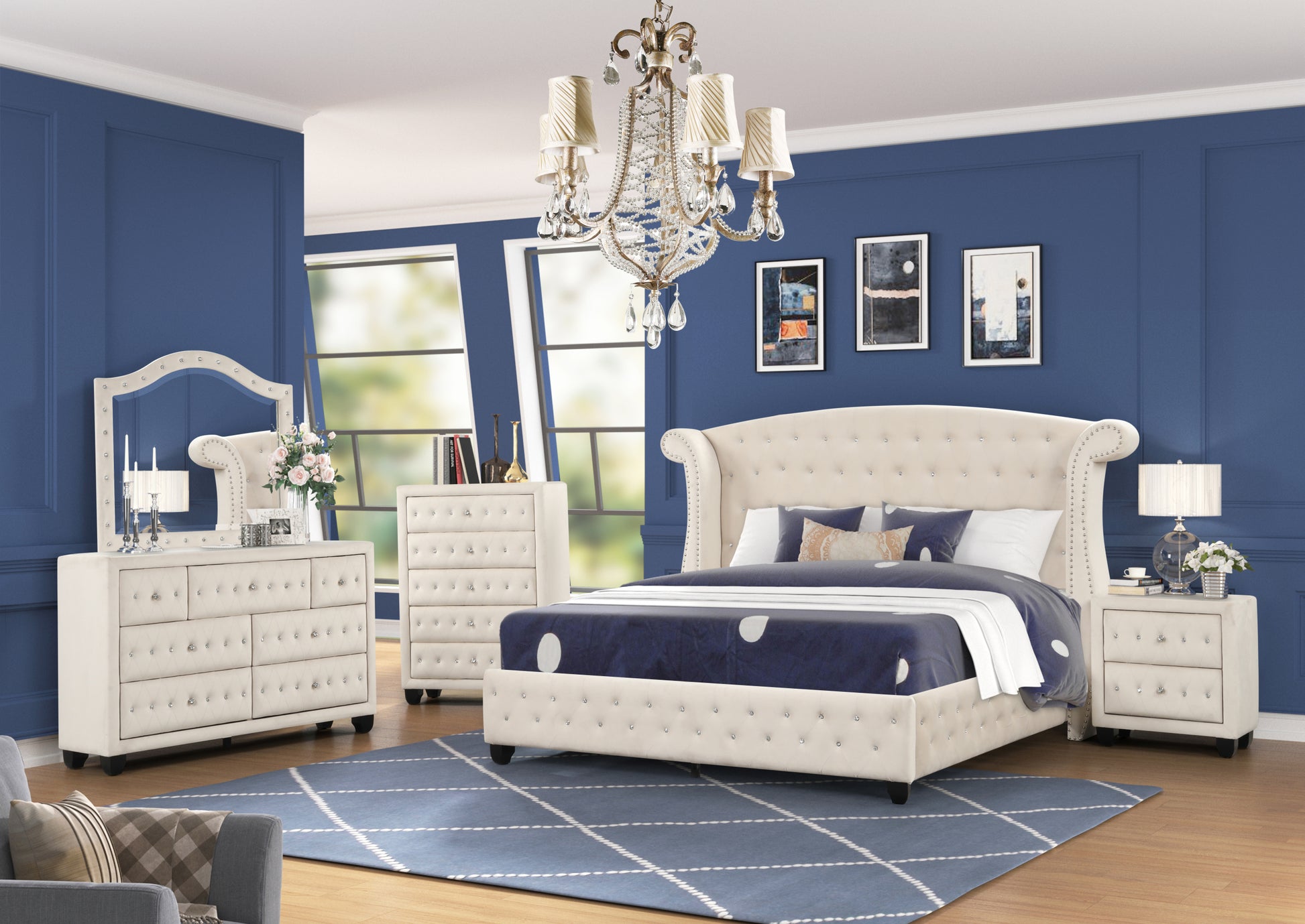 Sophia Queen 5 Pc Bedroom Set Made With Wood In Cream Box Spring Not Required Queen Cream Wood 5 Piece Set Bedroom Contemporary,Modern Upholstered Velvet Tufted Wood