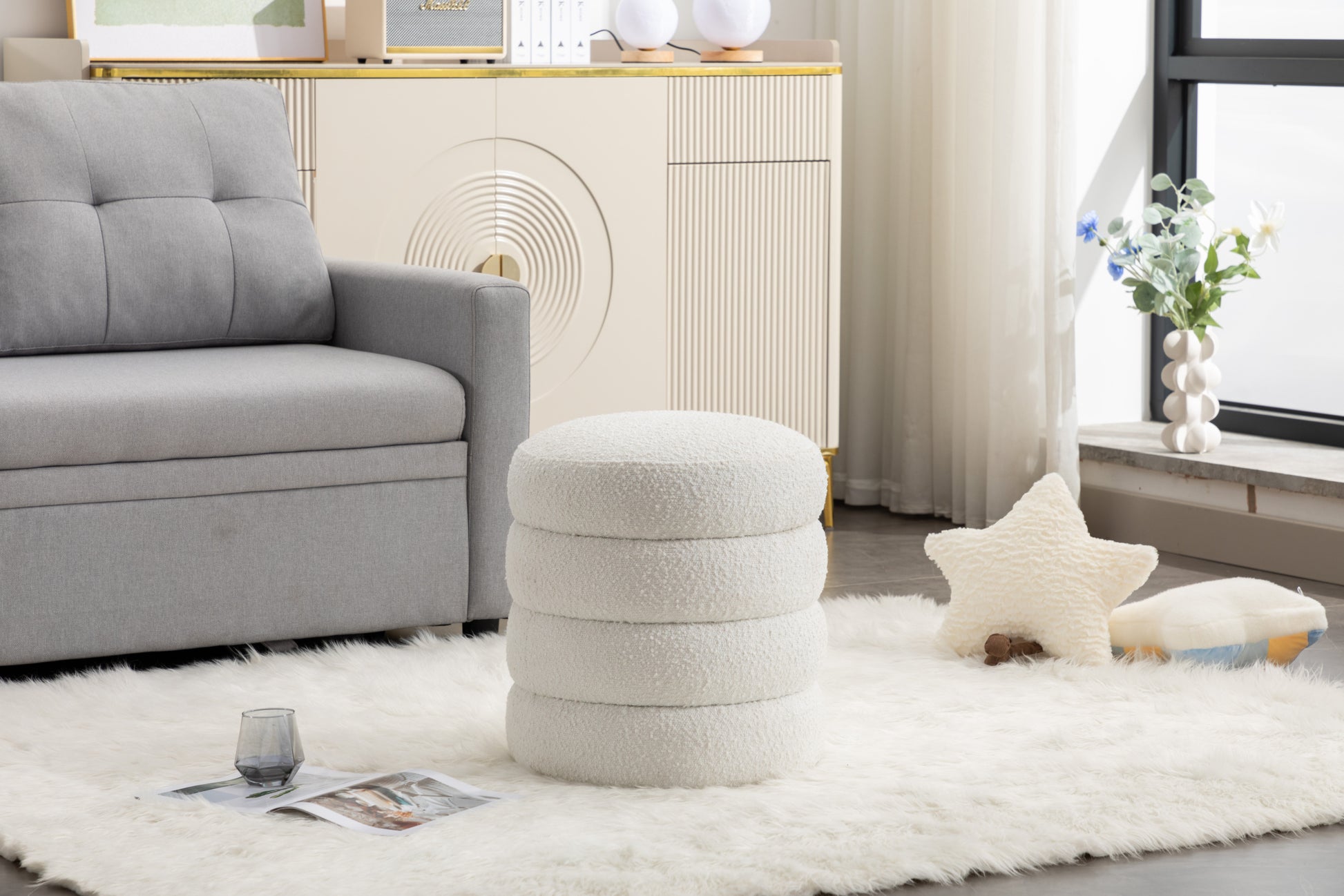 006 Soft Boucle Round Ottoman Footrest Stool,White White Boucle