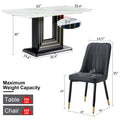 Table And Chair Set, 1 Table With 6 Black Pu Chairs. White Imitation Marble Pattern Desktop. Black Mdf Table Legs, Gold Lines, Black Base. F Sq C 007 White Mdf Glass