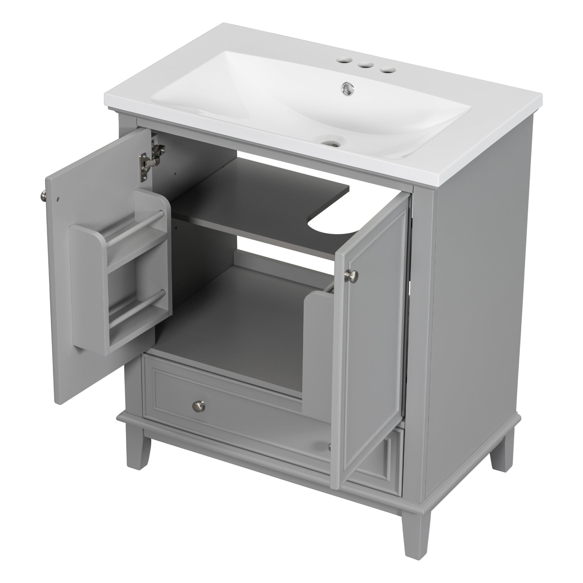 30" Bathroom Vanity With Sink Combo, Multi Functional Bathroom Cabinet With Doors And Drawer, Solid Frame And Mdf Board, Grey Grey Solid Wood Mdf