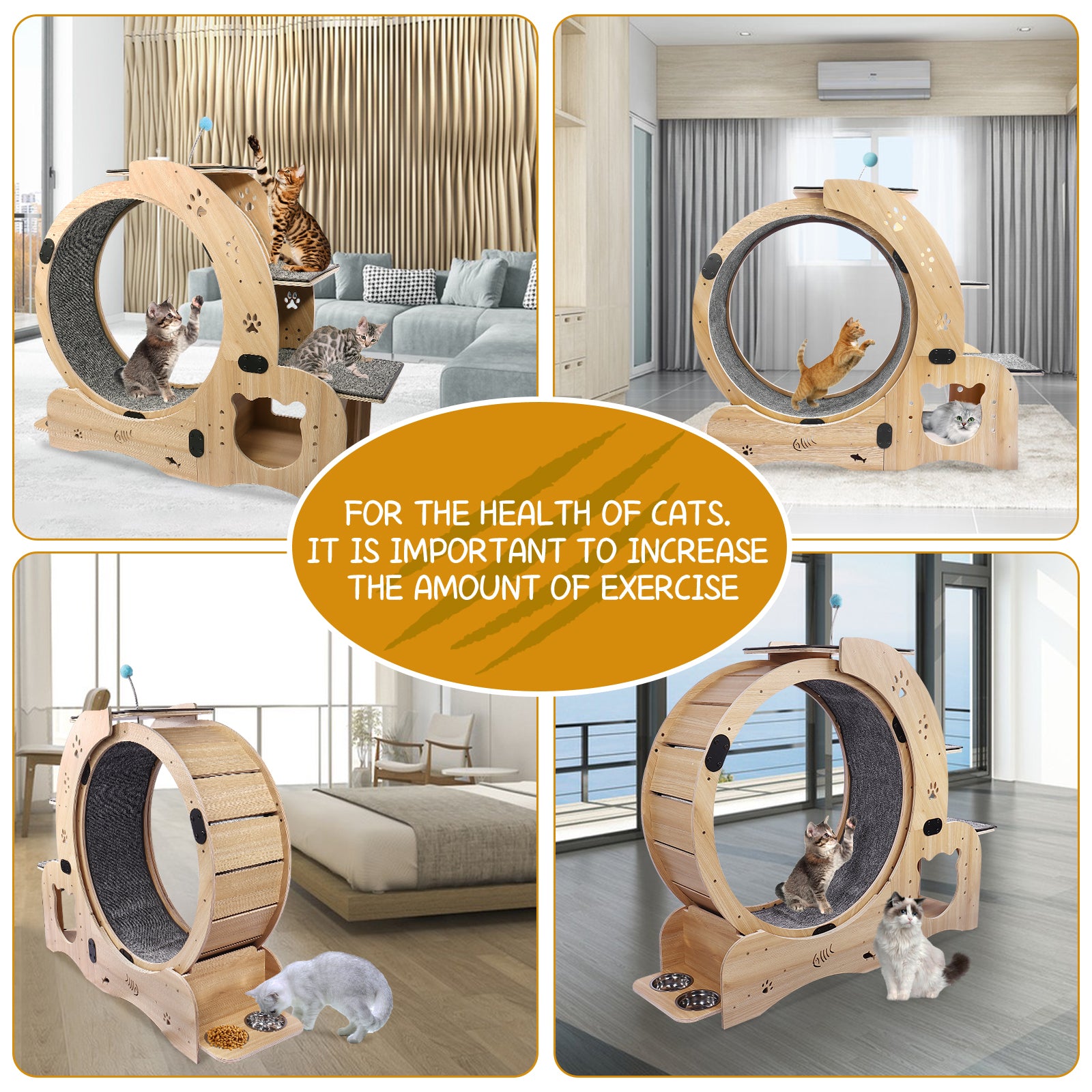 Cat Wheel 6 In 1 Cat Exercise Wheel,Upgraded Cat Wheel Exerciser For Indoor Cats,Large Cat Treadmill,Cat Running Wheel With Silent Wheel,Cat Walking Wheel Cat Furniture Cat Toys Natural Wood Wood