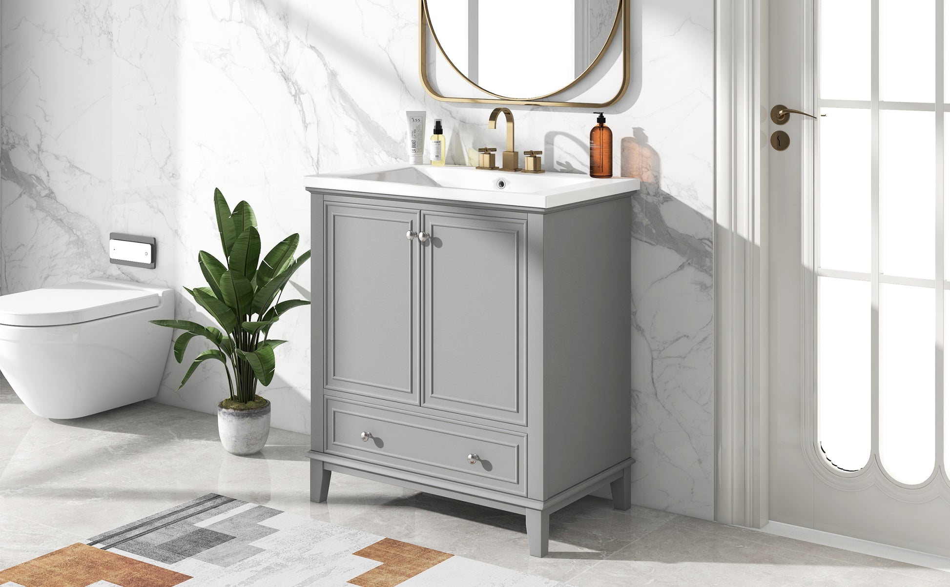 30" Bathroom Vanity With Sink Combo, Multi Functional Bathroom Cabinet With Doors And Drawer, Solid Frame And Mdf Board, Grey Grey Solid Wood Mdf