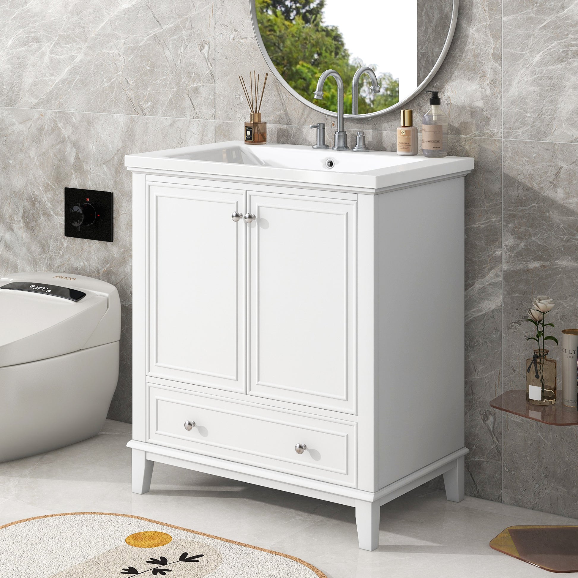 30" Bathroom Vanity With Sink Combo, Multi Functional Bathroom Cabinet With Doors And Drawer, Solid Frame And Mdf Board, White White Solid Wood Mdf