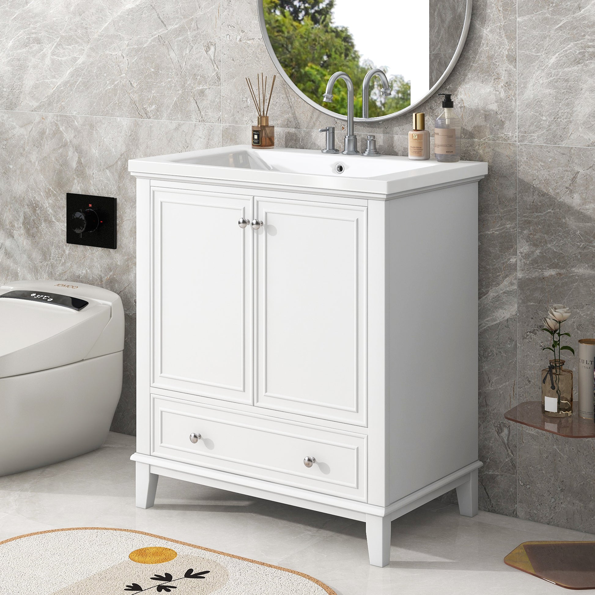 30" Bathroom Vanity With Sink Combo, Multi Functional Bathroom Cabinet With Doors And Drawer, Solid Frame And Mdf Board, White Old Sku:Sy999606Aak White Solid Wood Mdf