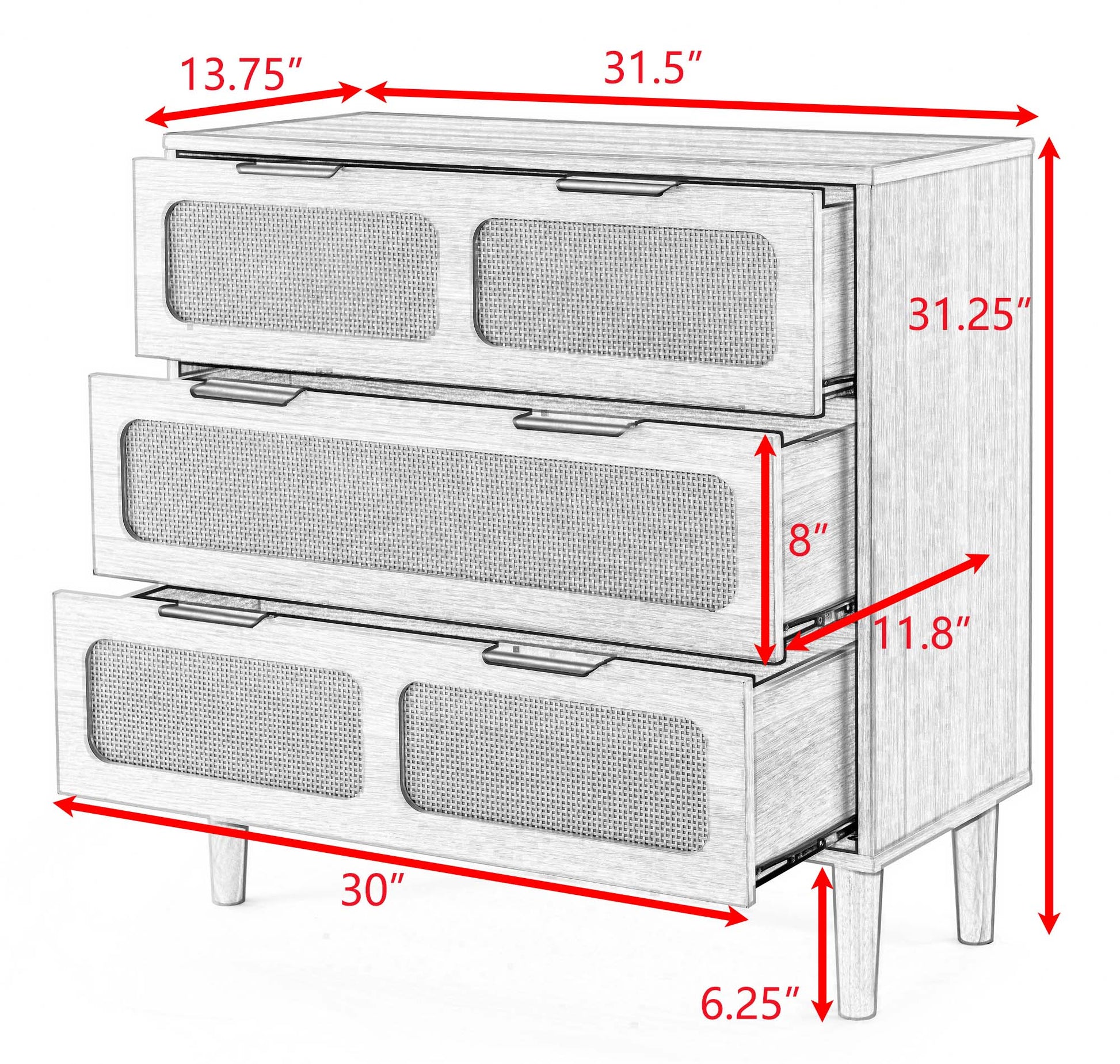 3 Drawer Dresser, Modern Rattan Dresser Cabinet With Wide Drawers And Metal Handles, Farmhouse Wooden Storage Chest Of Drawers For Room, Living Room, Hallway, Entrance, Office Natural Wood Solid Wood Mdf