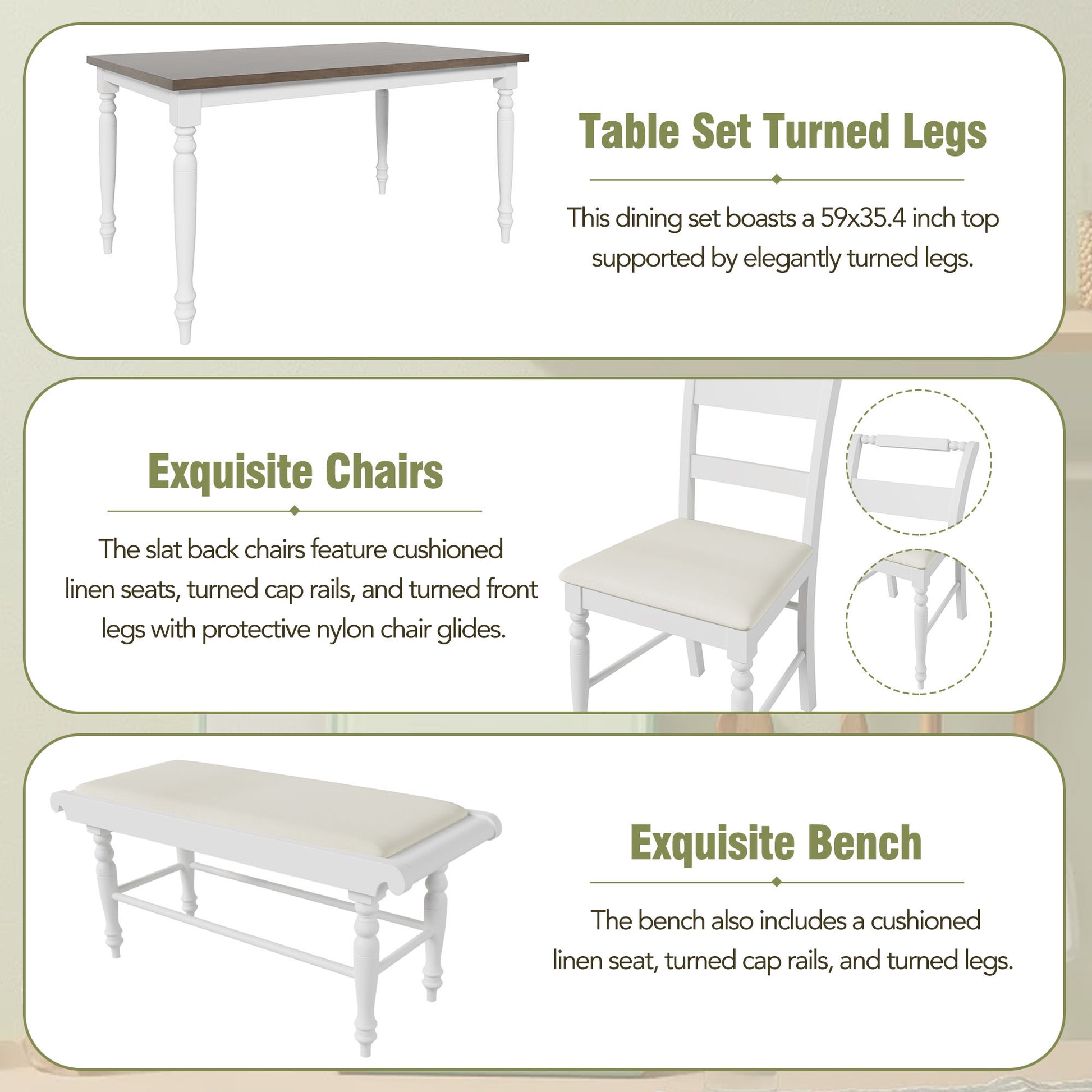 6 Peice Dining Set With Turned Legs, Kitchen Table Set With Upholstered Dining Chairs And Bench,Retro Style, White White Wood Dining Room Bench Seating Rubberwood Rectangular Dining Table With Chair And Bench Upholstered Chair Wood Brown White Ladder