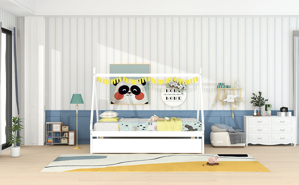 Twin Size Tent Floor Bed, Teepee Bed, With Trundle,White Twin White Wood Bedroom American Design Pine Bed Frame Pine