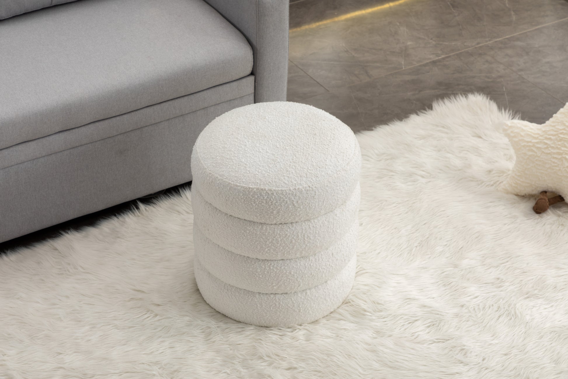 006 Soft Boucle Round Ottoman Footrest Stool,White White Boucle