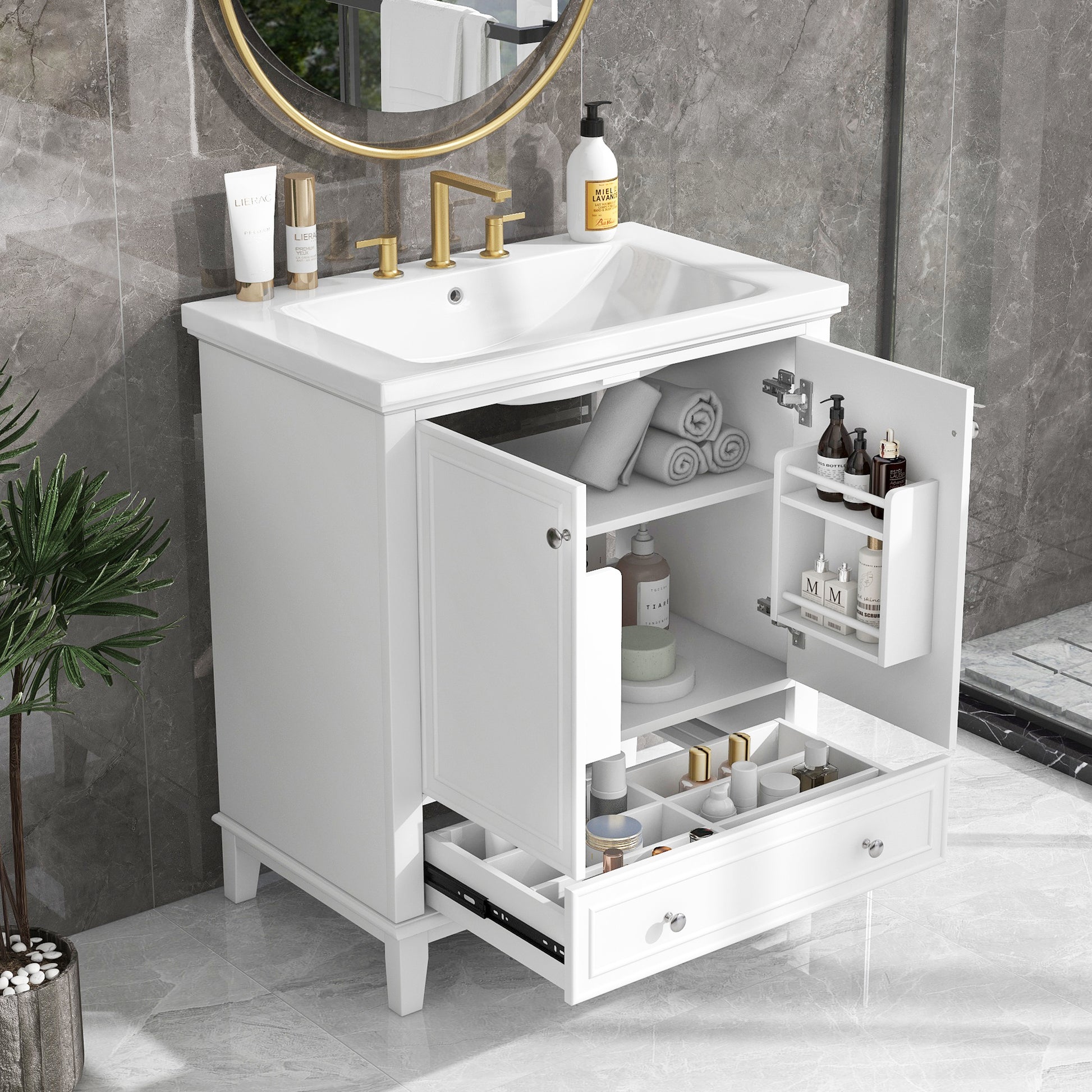 30" Bathroom Vanity With Sink Combo, Multi Functional Bathroom Cabinet With Doors And Drawer, Solid Frame And Mdf Board, White White Solid Wood Mdf